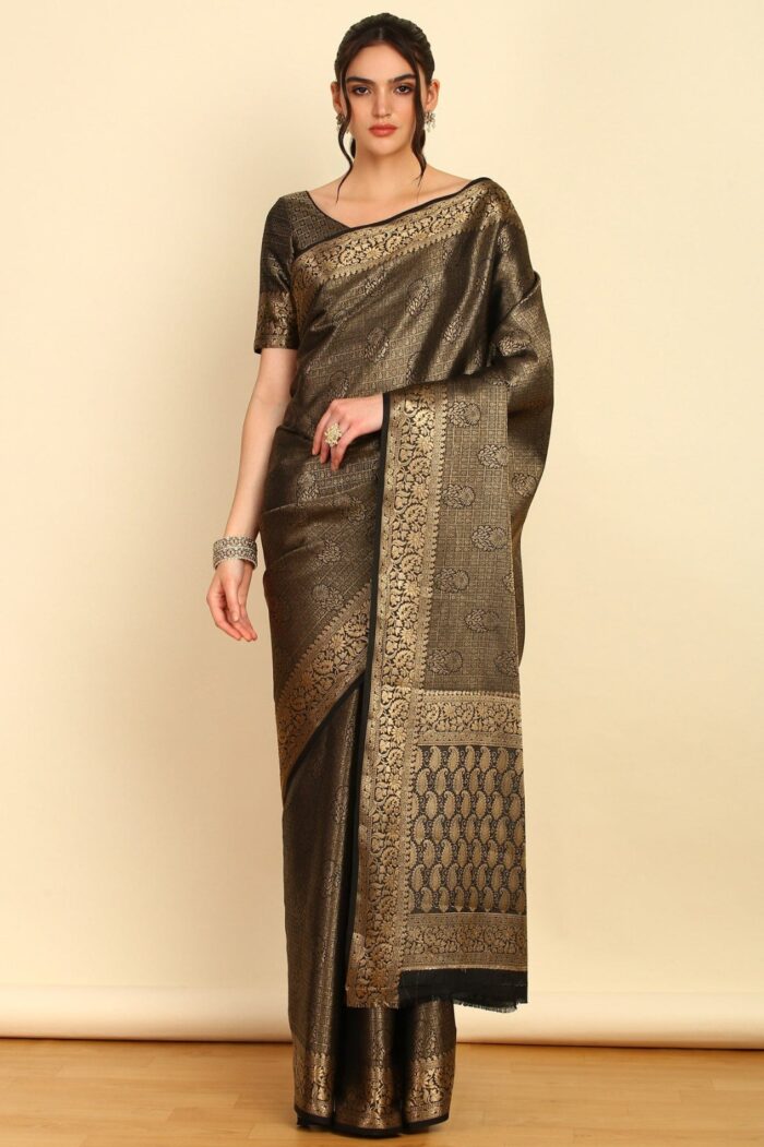 Black Ethnic Motifs Woven Design Zari Silk Blend Saree