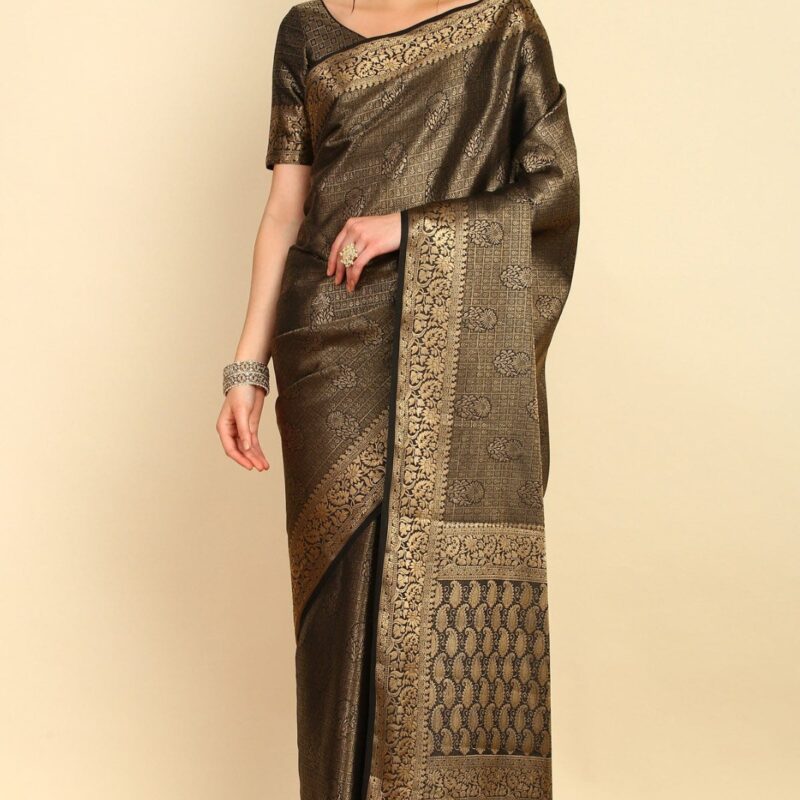 Black Ethnic Motifs Woven Design Zari Silk Blend Saree