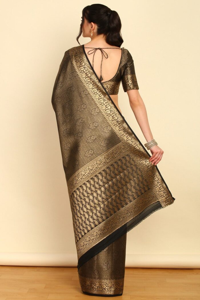 Black Ethnic Motifs Woven Design Zari Silk Blend Saree Back