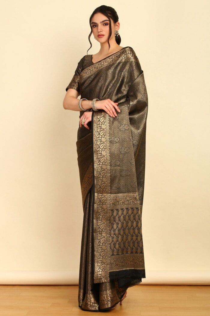 Black Ethnic Motifs Woven Design Zari Silk Blend Saree Side Pose