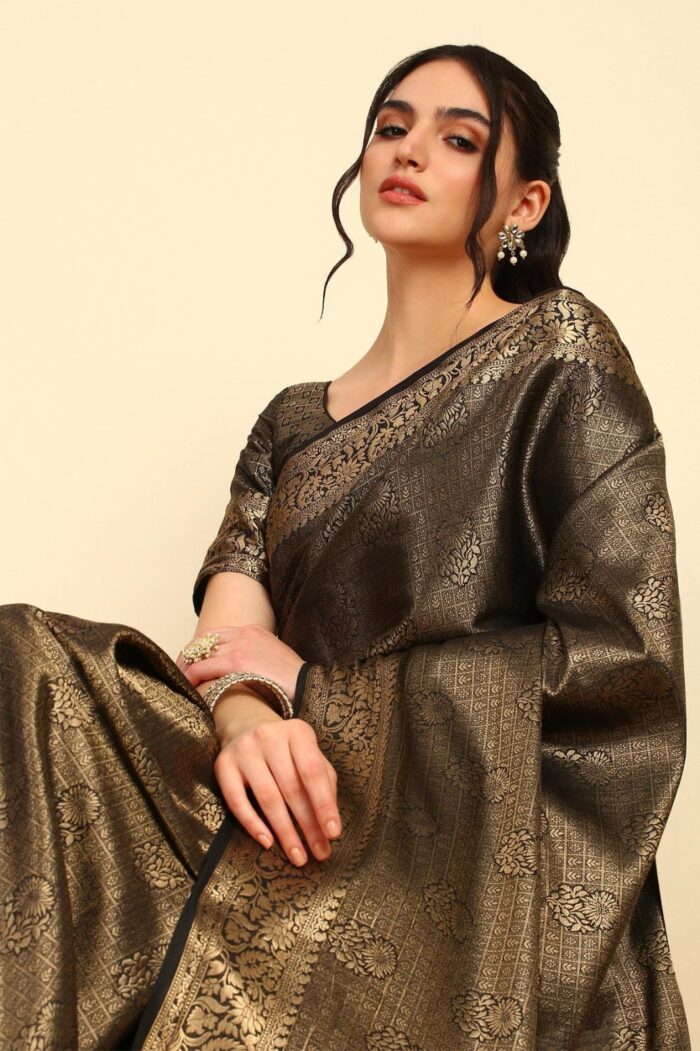 Black Ethnic Motifs Woven Design Zari Silk Blend Saree