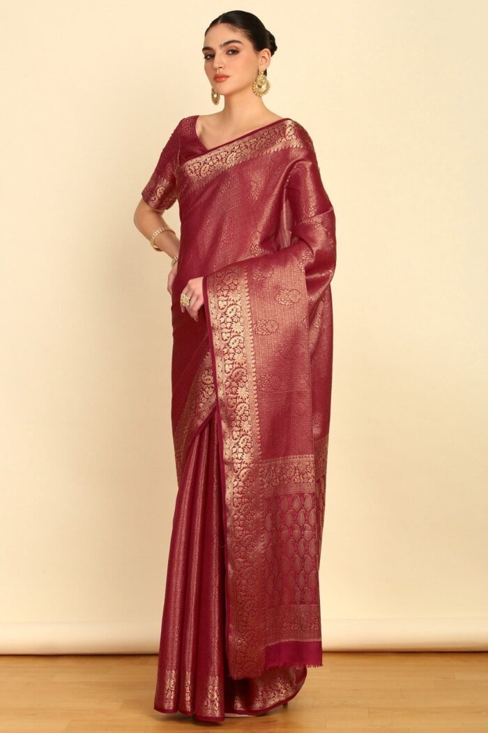 Maroon Ethnic Motifs Woven Design Zari Silk Blend Saree Pose