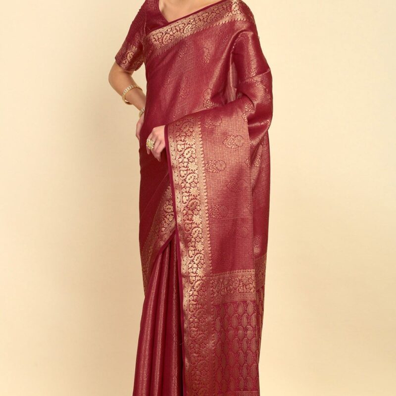 Maroon Ethnic Motifs Woven Design Zari Silk Blend Saree Pose