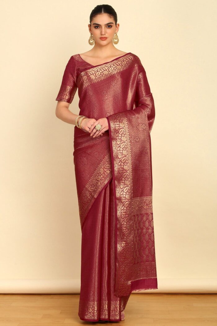 Maroon Ethnic Motifs Woven Design Zari Silk Blend Saree