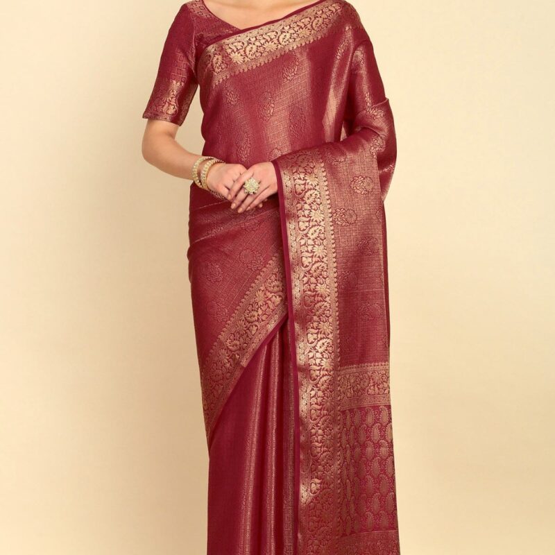 Maroon Ethnic Motifs Woven Design Zari Silk Blend Saree