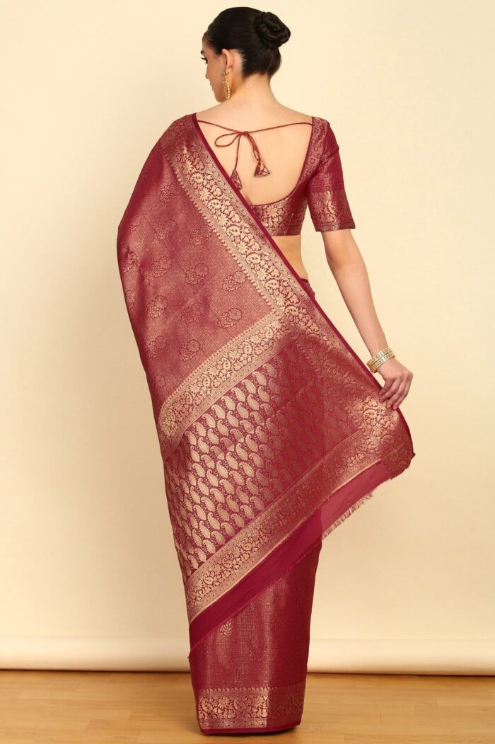 Maroon Ethnic Motifs Woven Design Zari Silk Blend Saree Back side