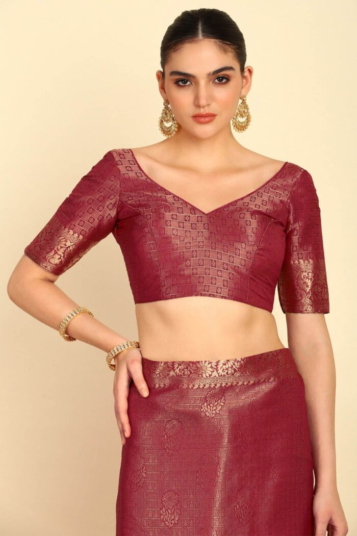 Maroon Ethnic Motifs Woven Design Zari Silk Blend Saree Blouse