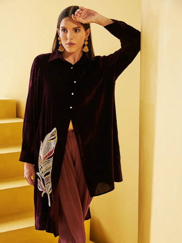 Velvet Burgandy Tunic wearing model