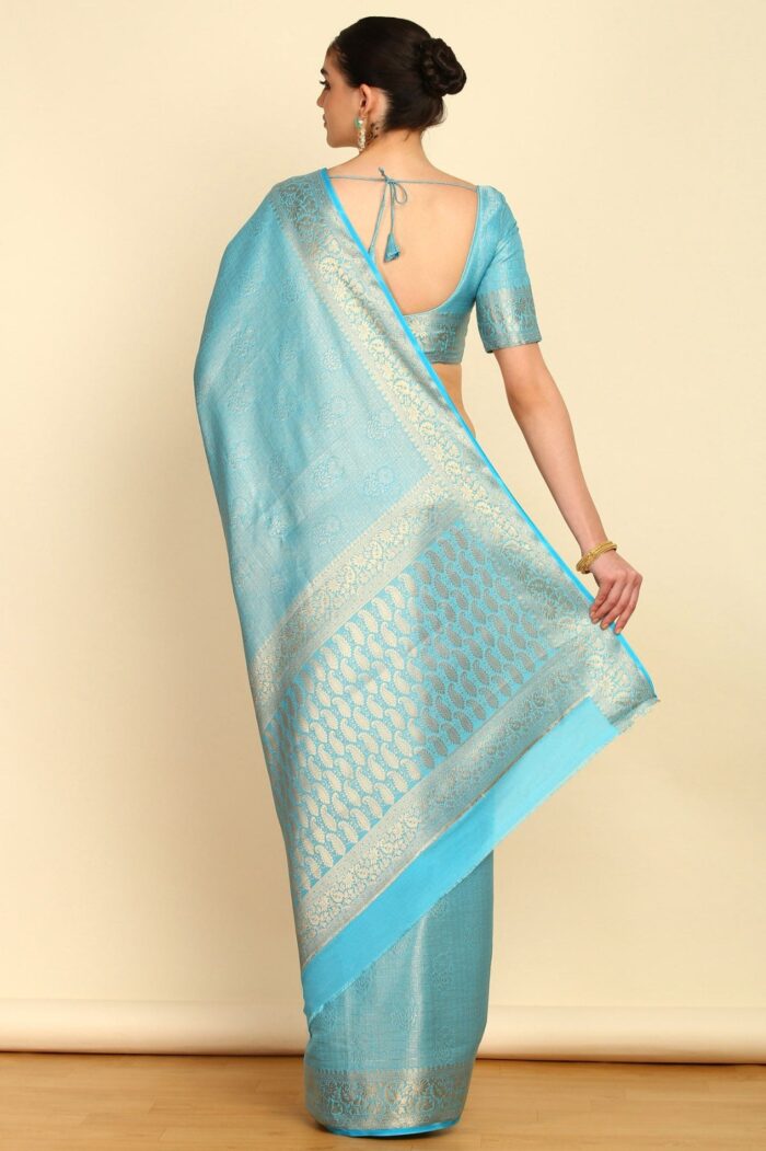 Aqua Blue Motifs Woven Design Zari Silk Blend Saree