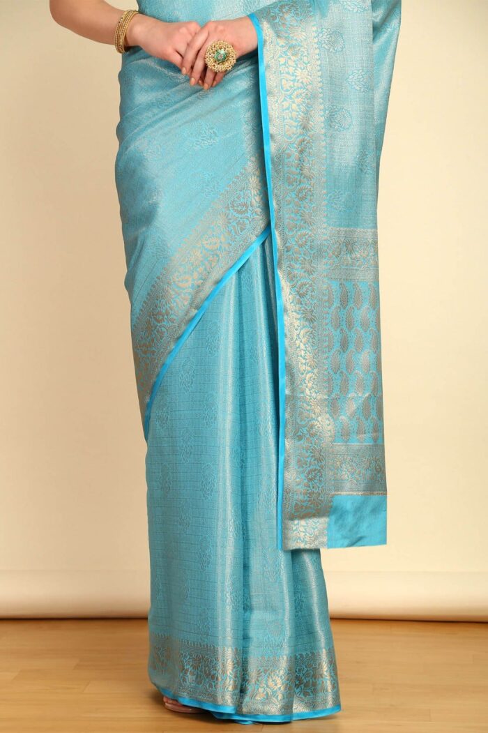 Aqua Blue Ethnic Motifs Woven Design Zari Silk Saree