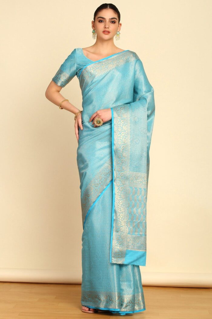 Aqua Blue Ethnic Motifs Woven Design Zari Silk Blend Saree