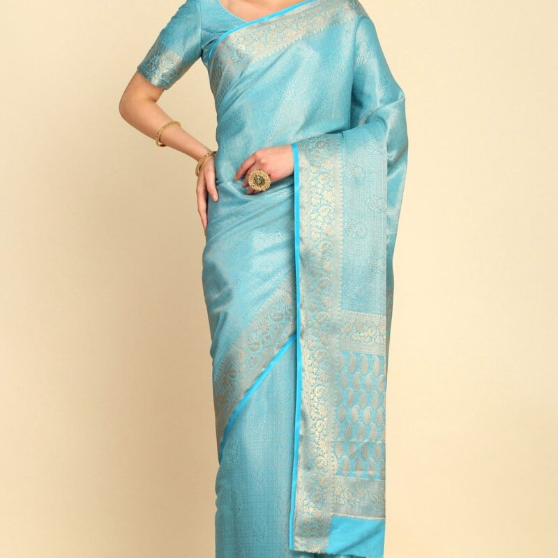 Aqua Blue Ethnic Motifs Woven Design Zari Silk Blend Saree