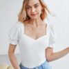 White Puff Sleeve Solid Top