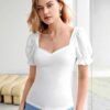 White Puff Sleeve Solid Top Front