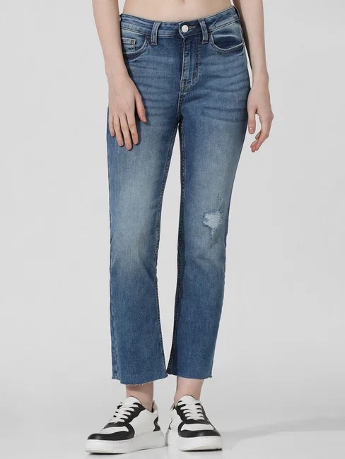 Blue Mid Rise Cropped Flared Jeans