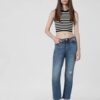 Women Wearing Blue Mid Rise Cropped Flared Jeans