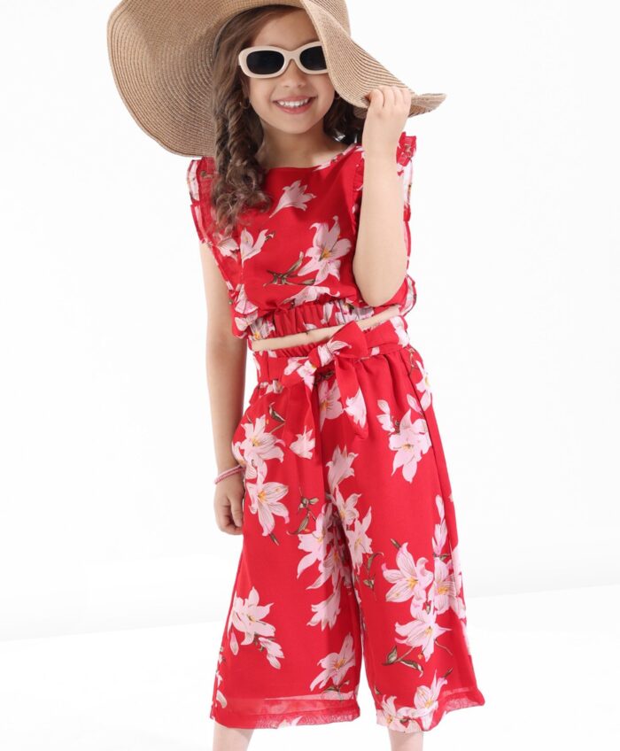 Frilled Sleeveless Floral Printed Top & Bottom Set
