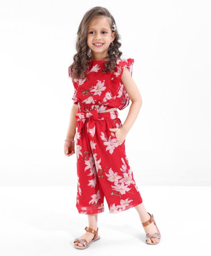 Frilled Sleeveless Floral Printed Top & Bottom Set