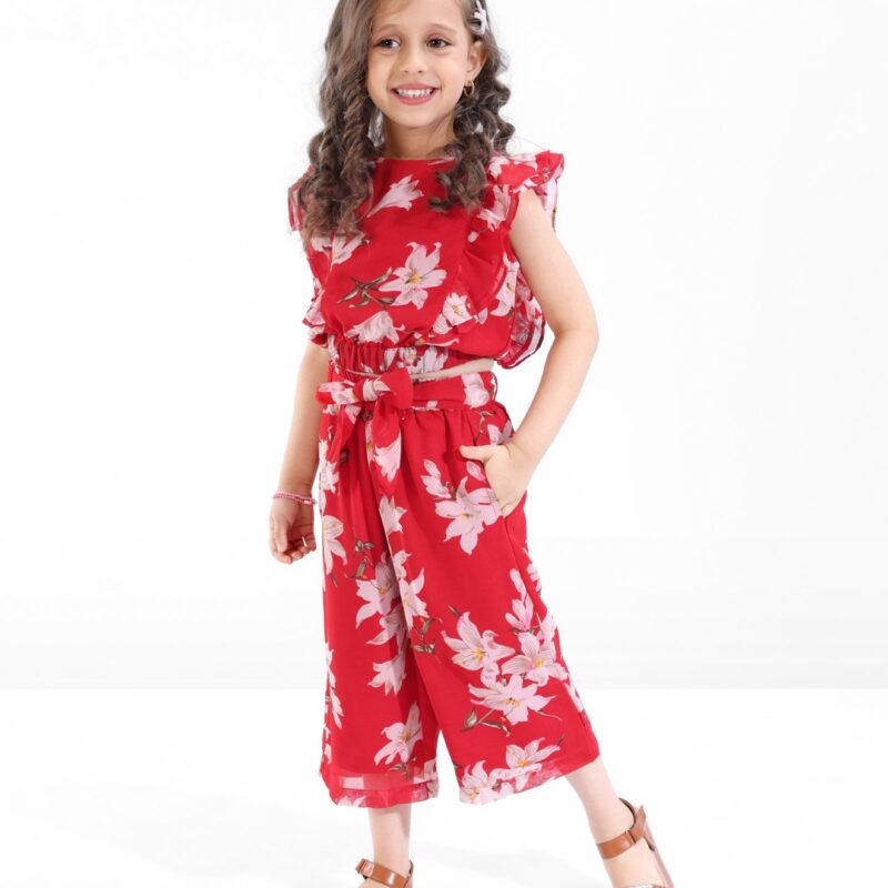 Frilled Sleeveless Floral Printed Top & Bottom Set