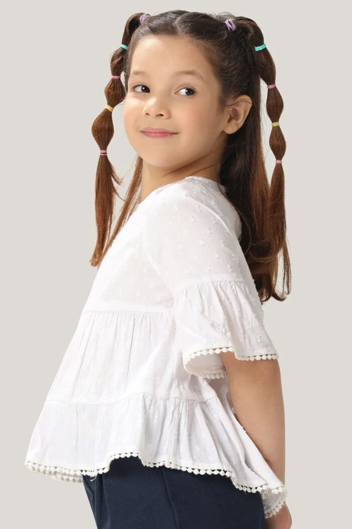 Cotton Dobby Round Neck Tiered Top
