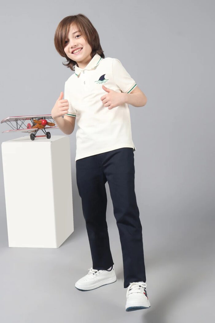 Boys White Stretchable Polo Tee with Embroidery