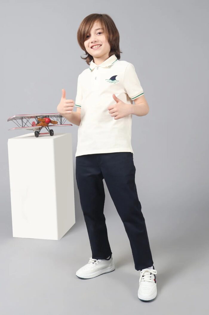 Boys White Stretchable Polo Tee with Embroidery