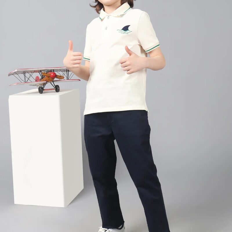 Boys White Stretchable Polo Tee with Embroidery