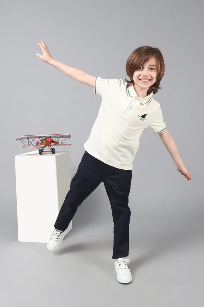 Boys White Stretchable Polo Tee with Embroidery