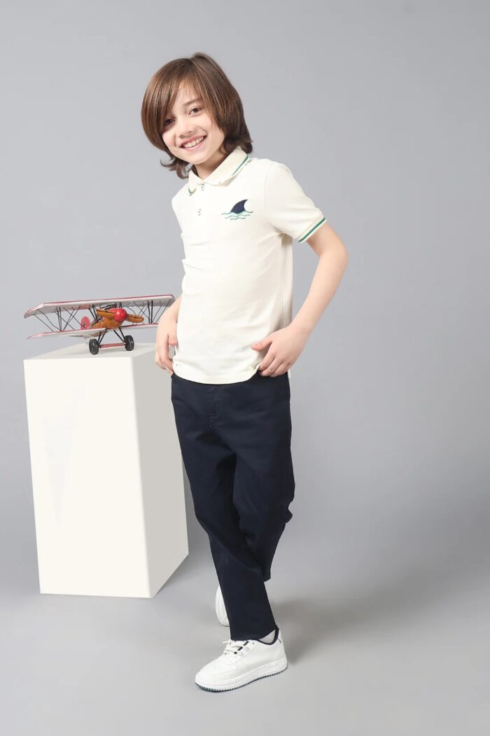 Boys White Stretchable Polo Tee with Embroidery