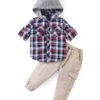 Babyhug Cotton Woven Full Sleeves Checkered Hooded Shirt & Jogger Pant Set - Multicolor & Beige