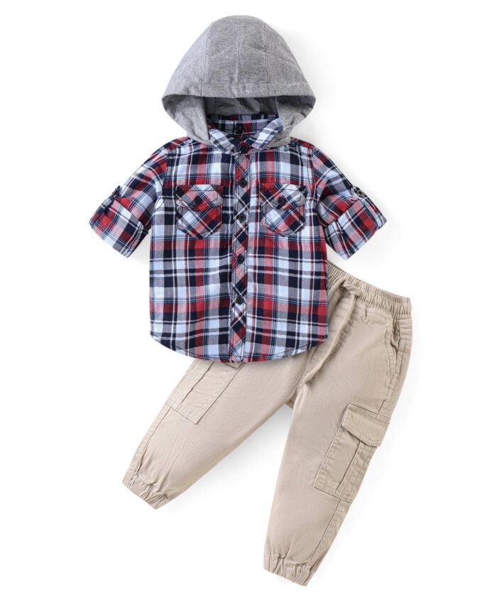 Babyhug Cotton Woven Full Sleeves Checkered Hooded Shirt & Jogger Pant Set - Multicolor & Beige