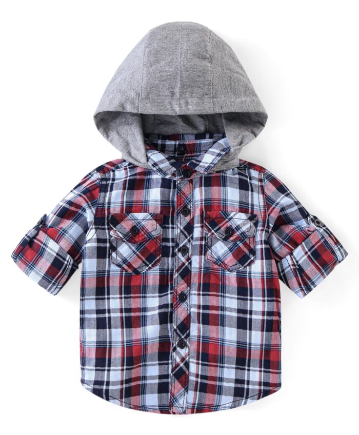 Babyhug Cotton Woven Full Sleeves Checkered Hooded Shirt & Jogger Pant Set - Multicolor & Beige